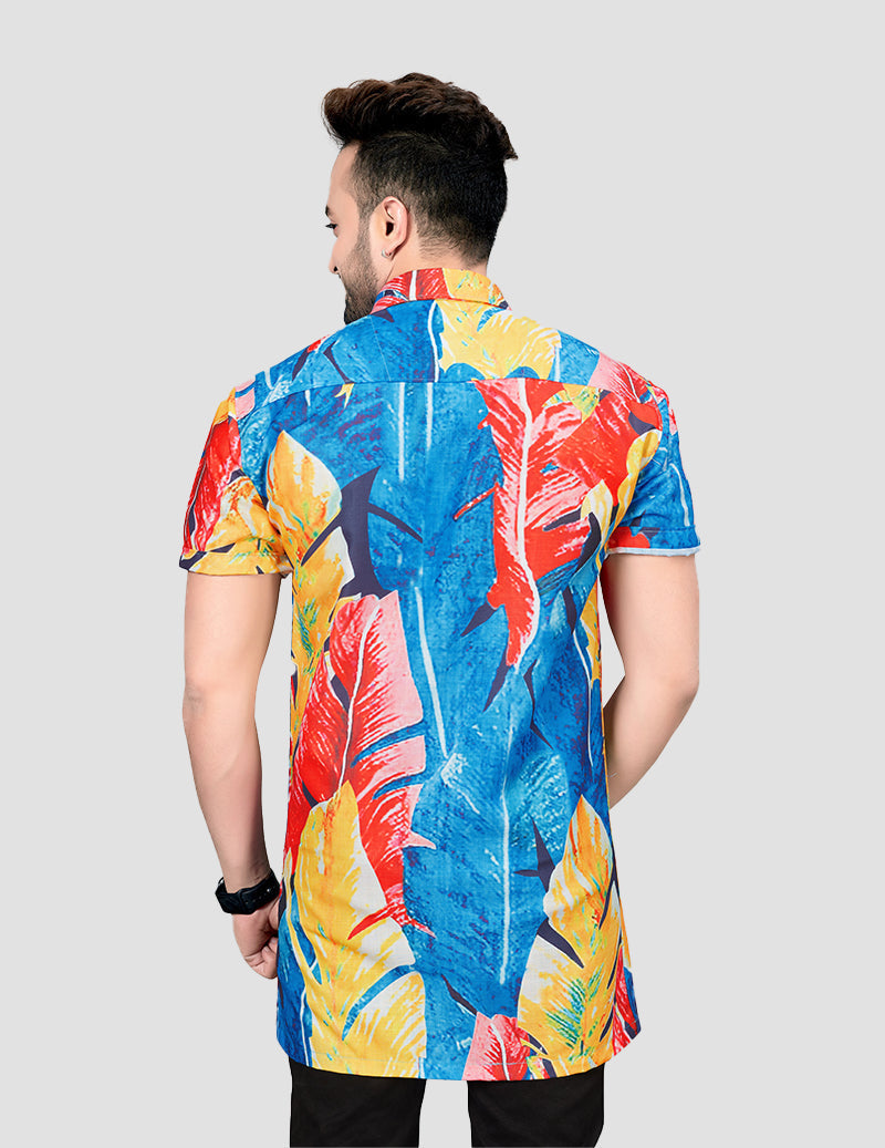 Men's Oil Painting Tropical Leaves Print Bottom Collar Short Sleeve Holiday Beach Shirts Full Stitch RoscoeShirts