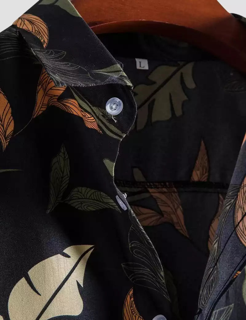 Tender Leaves Pattern Printed Black Color Beach Mens Cotton Shirt Half Sleeves Available only in RoscoeShirts