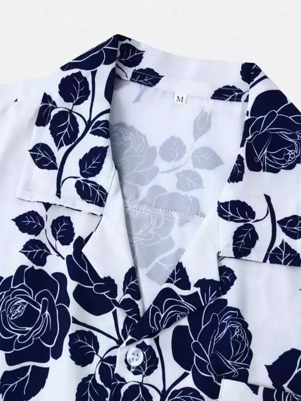Blue Rose on White Beach and casual Multicolor Printed Shirt Cotton Material Half Sleeves Mens blackdock