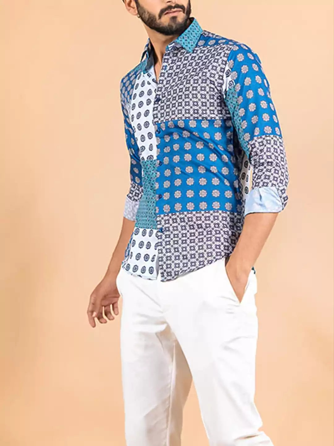 Illusion Pattern printed Blue and White Color Men's Cotton Casual Shirt Half Sleeve available on RoscoeShirts