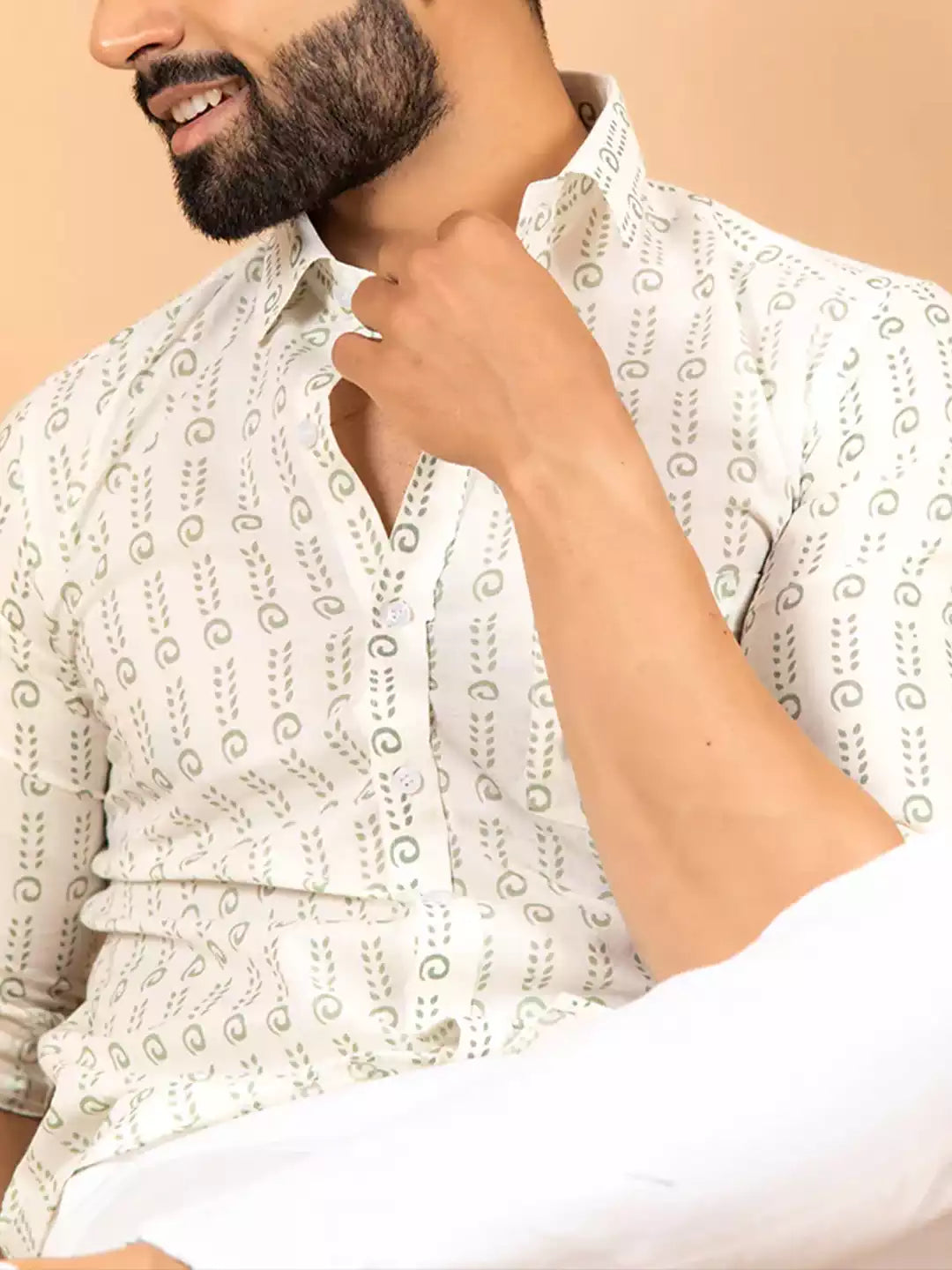 White Jaipuri Style printed Men's Cotton Casual Shirt Half Sleeve available on RoscoeShirts