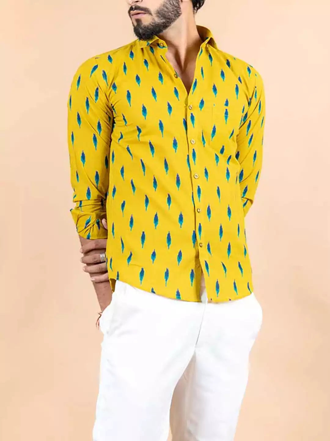 Yellow Jaipuri Style Men's printed Cotton Casual Shirt Half Sleeve available on RoscoeShirts