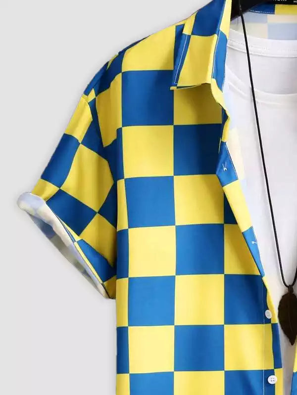 Blue and Yellow Block Design Beach and casual Multicolor Printed Shirt Cotton Material Half Sleeves Mens blackdock