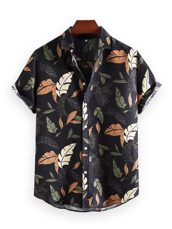 Tender Leaves Pattern Printed Black Color Beach Mens Cotton Shirt Half Sleeves Available only in RoscoeShirts