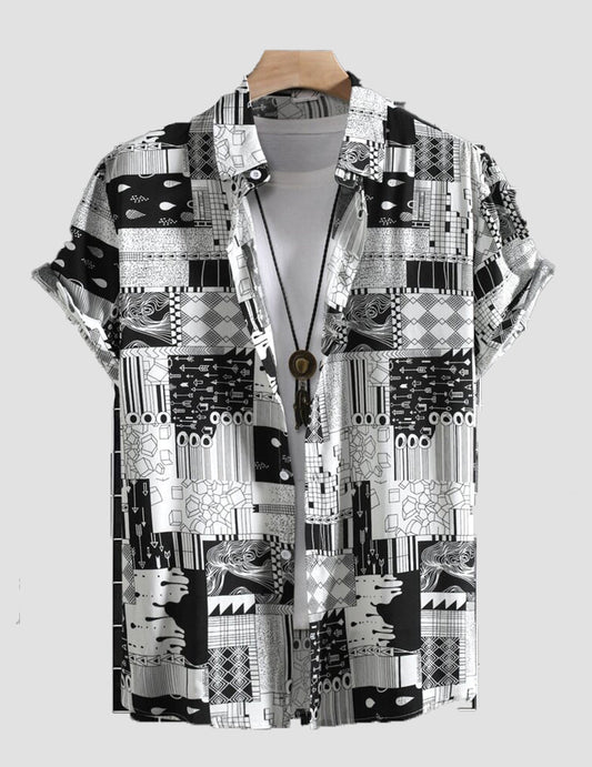 Male Summer Casual Solid Geometry Point Print Shirt Short Sleeve Turn Down Collar Shirt RoscoeShirts