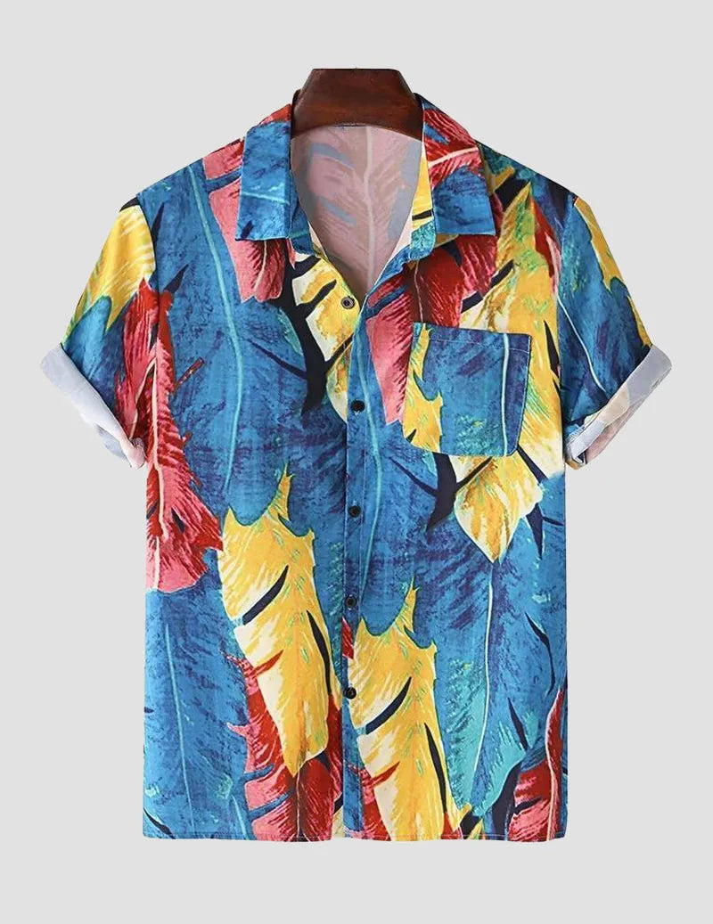 Men's Oil Painting Tropical Leaves Print Bottom Collar Short Sleeve Holiday Beach Shirts Full Stitch RoscoeShirts