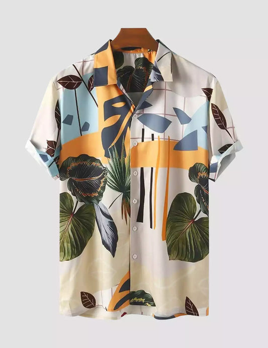 Leaves Design Cotton printed Material Beach Wear Half Sleeves Shirt for Men