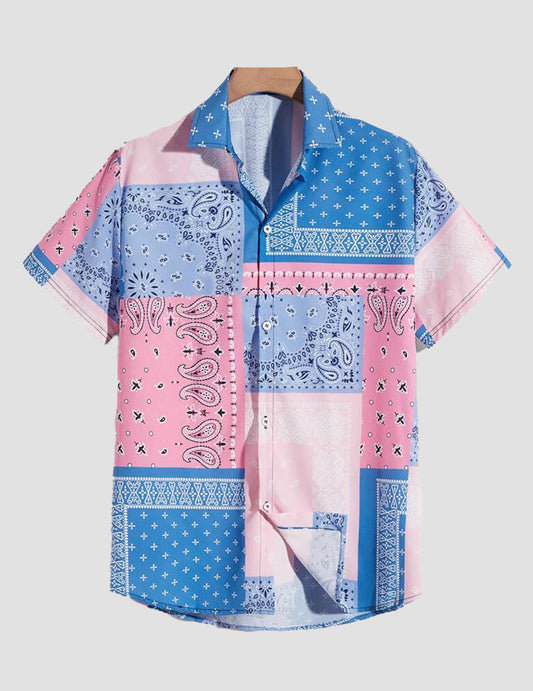 Milumia Geo Print Button Down Shirt for Men Short Sleeve Collar Regular Fit Shirt