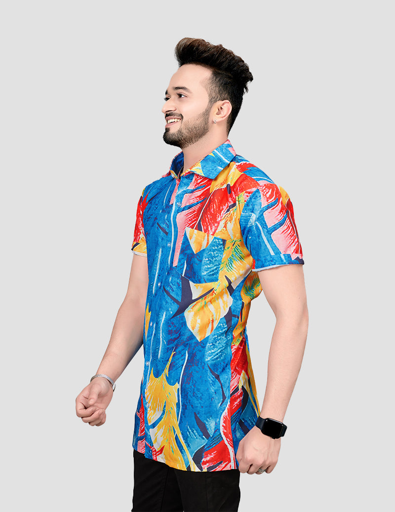 Men's Oil Painting Tropical Leaves Print Bottom Collar Short Sleeve Holiday Beach Shirts Full Stitch RoscoeShirts