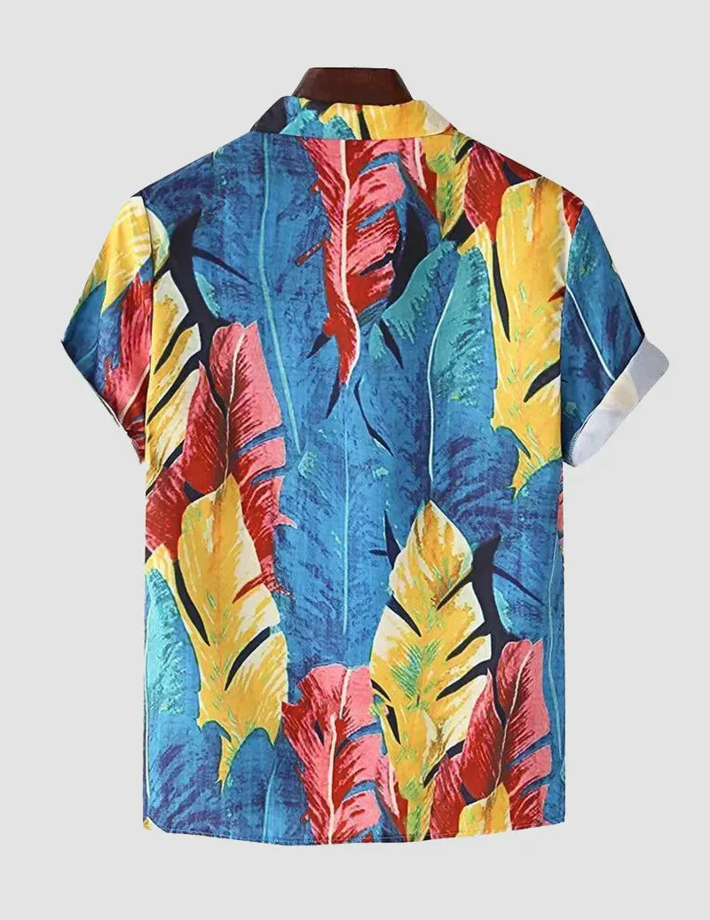 Men's Oil Painting Tropical Leaves Print Bottom Collar Short Sleeve Holiday Beach Shirts Full Stitch RoscoeShirts