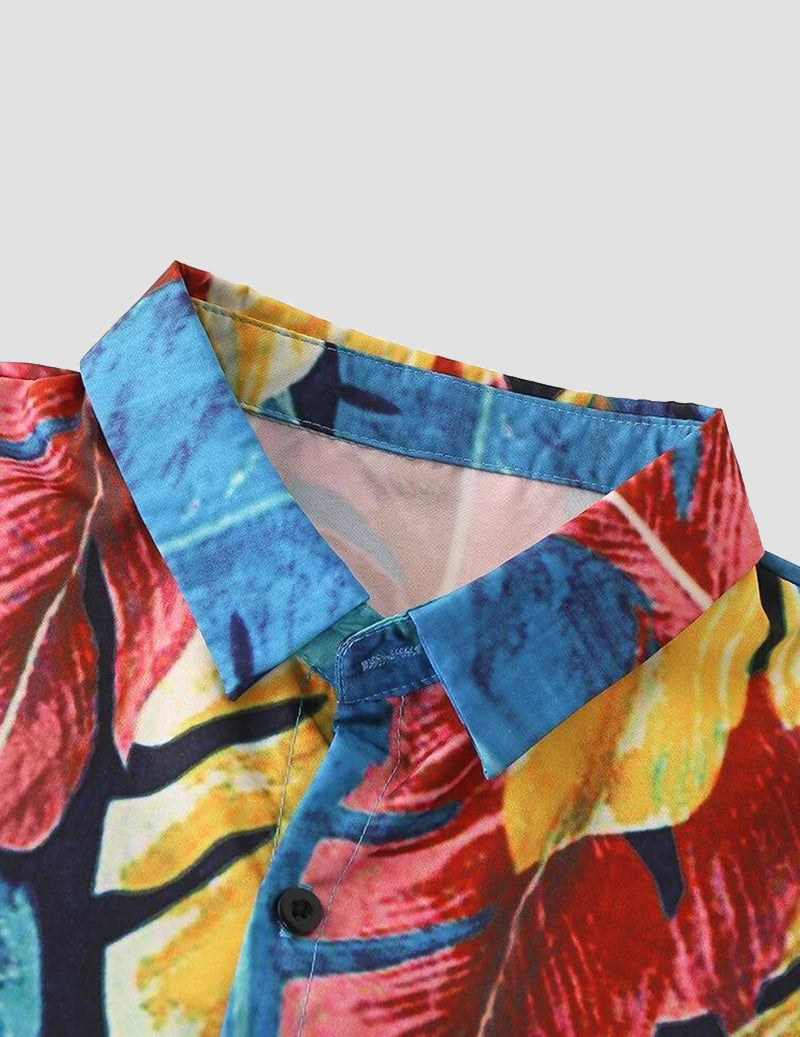 Men's Oil Painting Tropical Leaves Print Bottom Collar Short Sleeve Holiday Beach Shirts Full Stitch RoscoeShirts