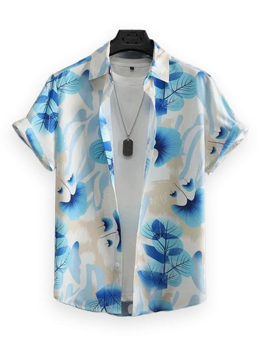 White and Blue Rose Pattern Printed Cotton Shirt Half Sleeves for Men