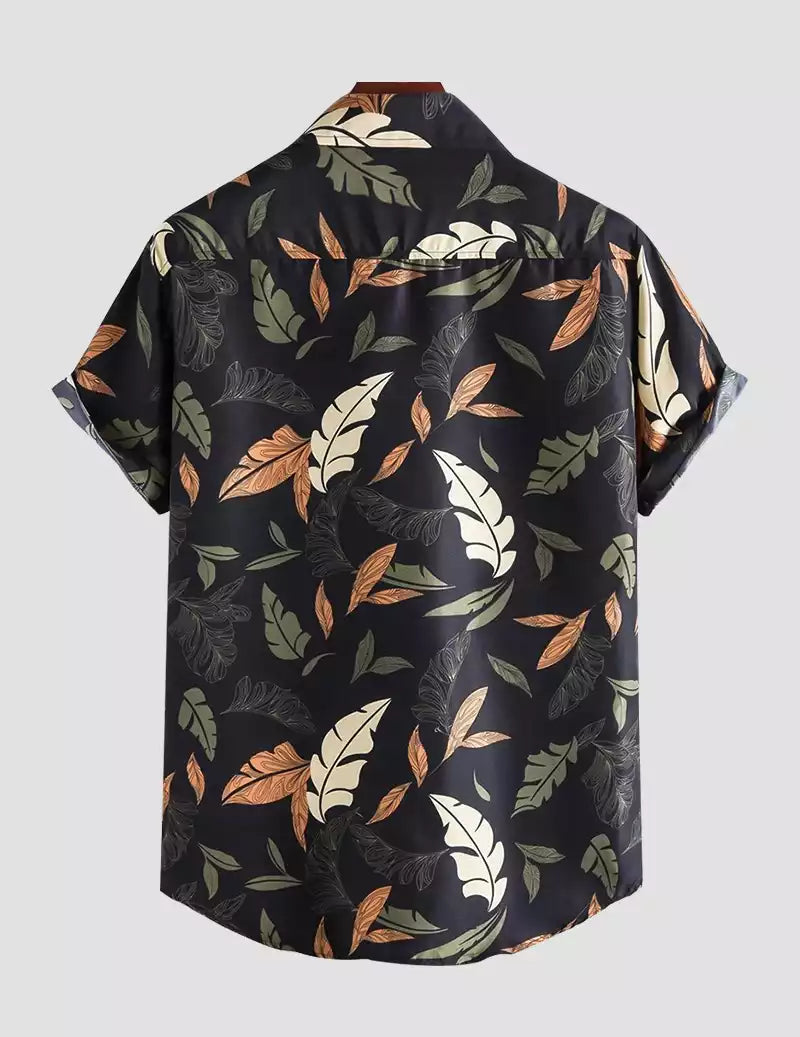 Tender Leaves Pattern Printed Black Color Beach Mens Cotton Shirt Half Sleeves Available only in RoscoeShirts
