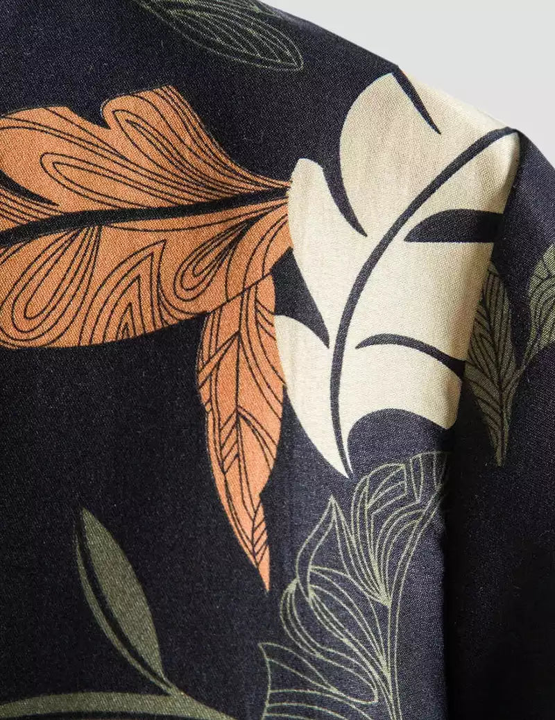 Tender Leaves Pattern Printed Black Color Beach Mens Cotton Shirt Half Sleeves Available only in RoscoeShirts