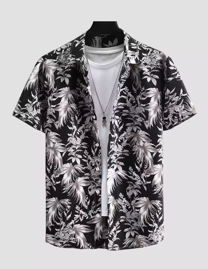 Feather Printed Black and White Color Beach Mens Cotton Shirt Half Sleeves Available only in RoscoeShirts