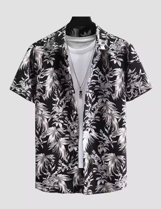 Feather Printed Black and White Color Beach Mens Cotton Shirt Half Sleeves Available only in RoscoeShirts