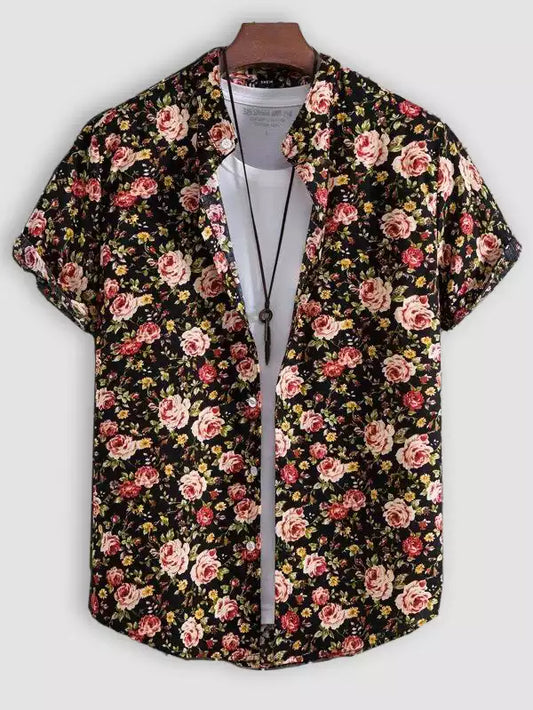 Black Little Rose Design Beach and casual Multicolor Printed Shirt Cotton Material Half Sleeves Mens blackdock