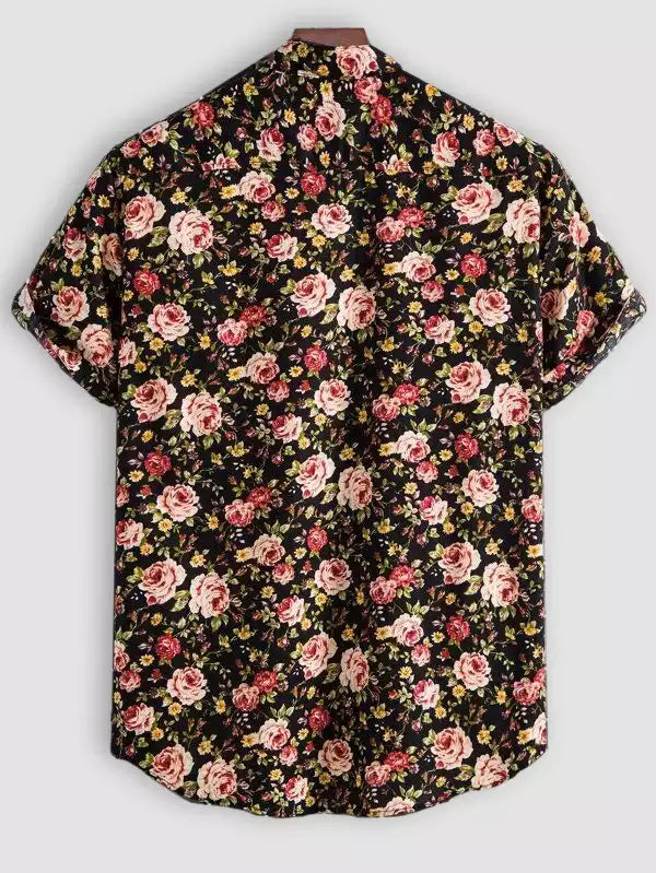 Black Little Rose Design Beach and casual Multicolor Printed Shirt Cotton Material Half Sleeves Mens blackdock