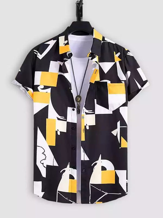 Yellow and Black on White Beach and casual Multicolor Printed Shirt Cotton Material Half Sleeves Mens blackdock