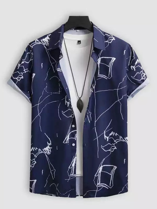 Blue and White Chese Design Beach and casual Multicolor Printed Shirt Cotton Material Half Sleeves Mens blackdock