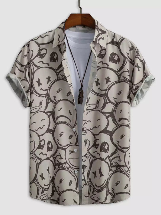 Gray and White Emoji Design Beach and casual Multicolor Printed Shirt Cotton Material Half Sleeves Mens blackdock