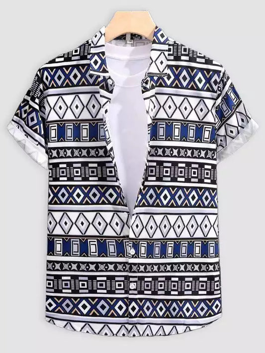Mix Pattern Dark Blue Beach and casual Multicolor Printed Shirt Cotton Material Half Sleeves Mens blackdock