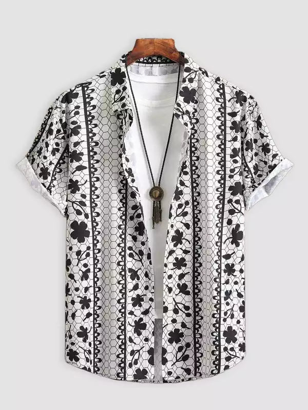 White Flower Pattern Beach and casual Multicolor Printed Shirt Cotton Material Half Sleeves Mens blackdock