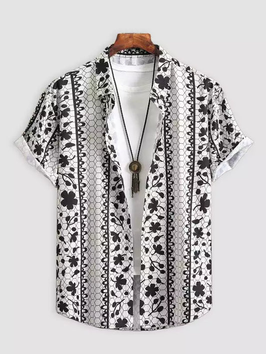 White Flower Pattern Beach and casual Multicolor Printed Shirt Cotton Material Half Sleeves Mens blackdock
