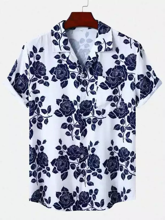 Blue Rose on White Beach and casual Multicolor Printed Shirt Cotton Material Half Sleeves Mens blackdock