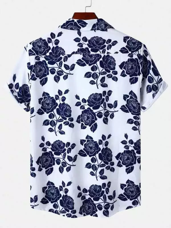 Blue Rose on White Beach and casual Multicolor Printed Shirt Cotton Material Half Sleeves Mens blackdock