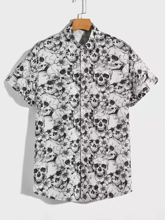 Skull on White Beach and casual Multicolor Printed Shirt Cotton Material Half Sleeves Mens blackdock