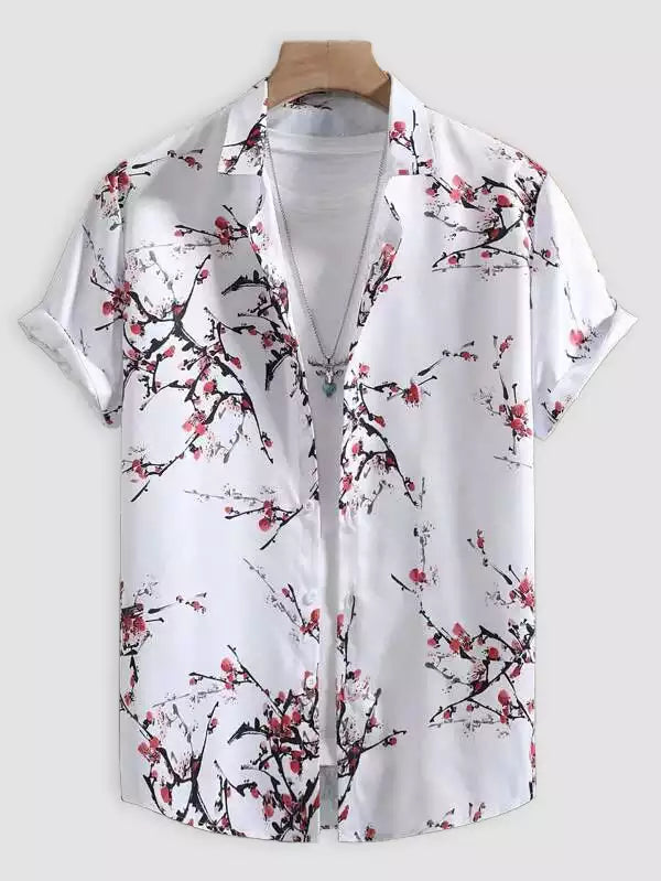 Flower on White Beach and casual Multicolor Printed Shirt Cotton Material Half Sleeves Mens blackdock