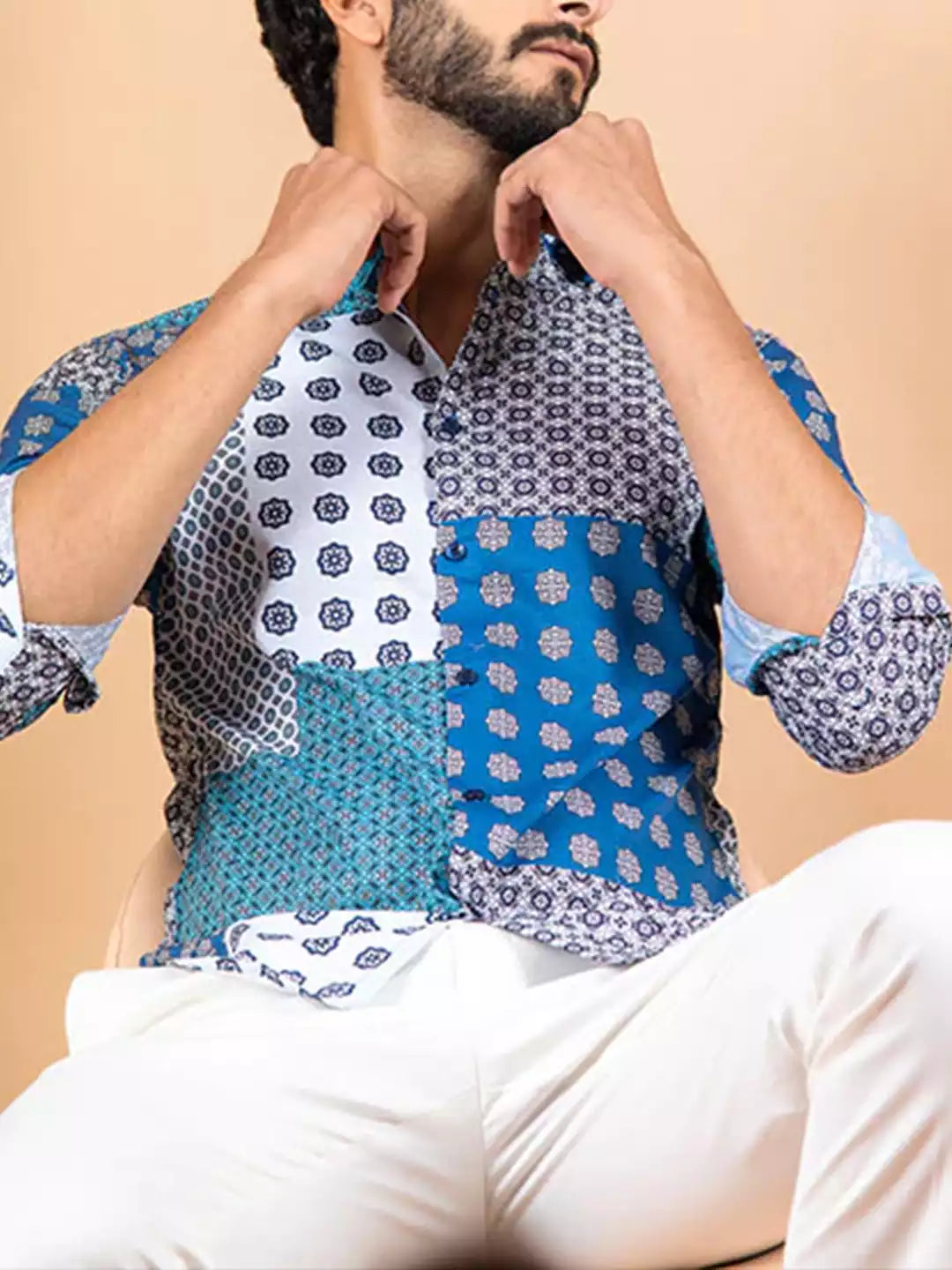 Illusion Pattern printed Blue and White Color Men's Cotton Casual Shirt Half Sleeve available on RoscoeShirts