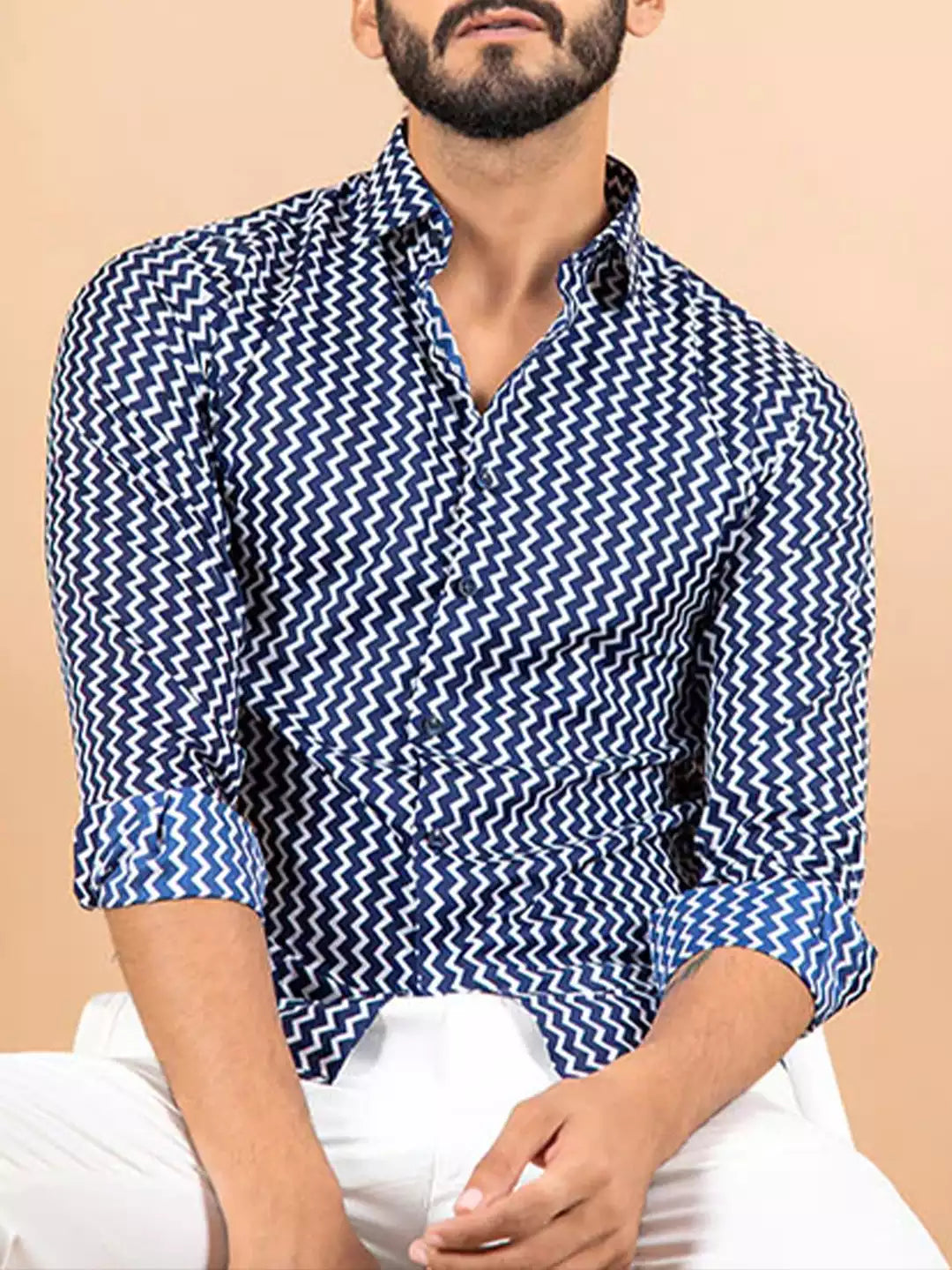 ZigZag Line printed Blue Color Men's Cotton Casual Shirt Half Sleeve available on RoscoeShirts