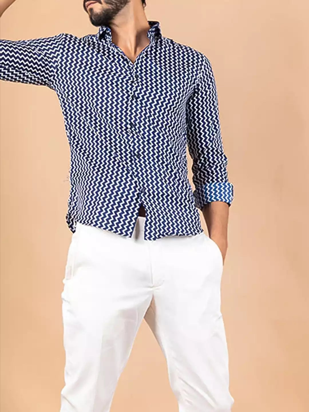 ZigZag Line printed Blue Color Men's Cotton Casual Shirt Half Sleeve available on RoscoeShirts