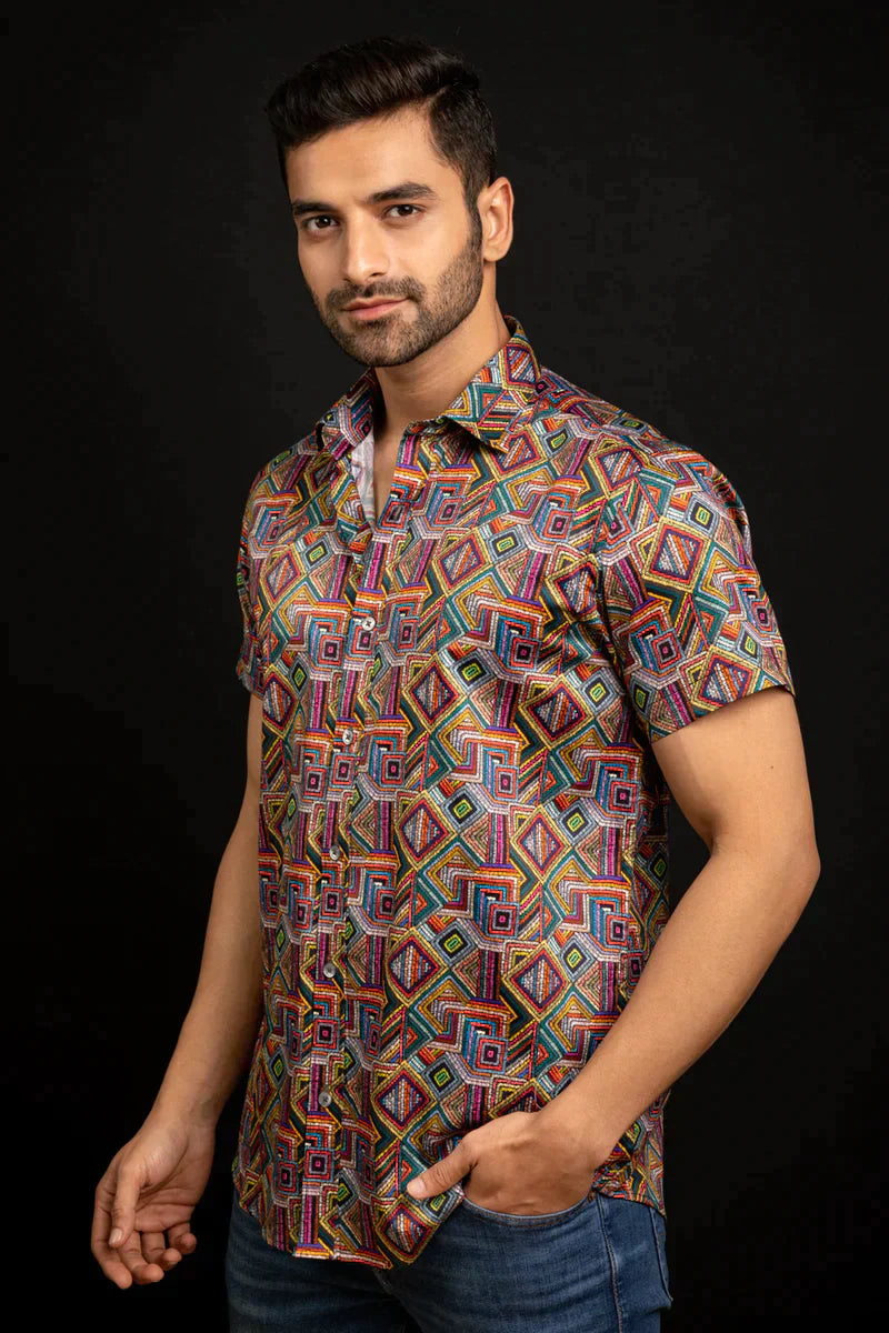 Blocks Multicolor Design Printed Cotton Shirt Half Sleeves Multicolor for Men