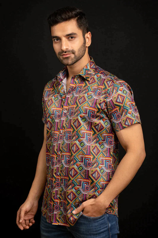 Blocks Multicolor Design Printed Cotton Shirt Half Sleeves Multicolor for Men