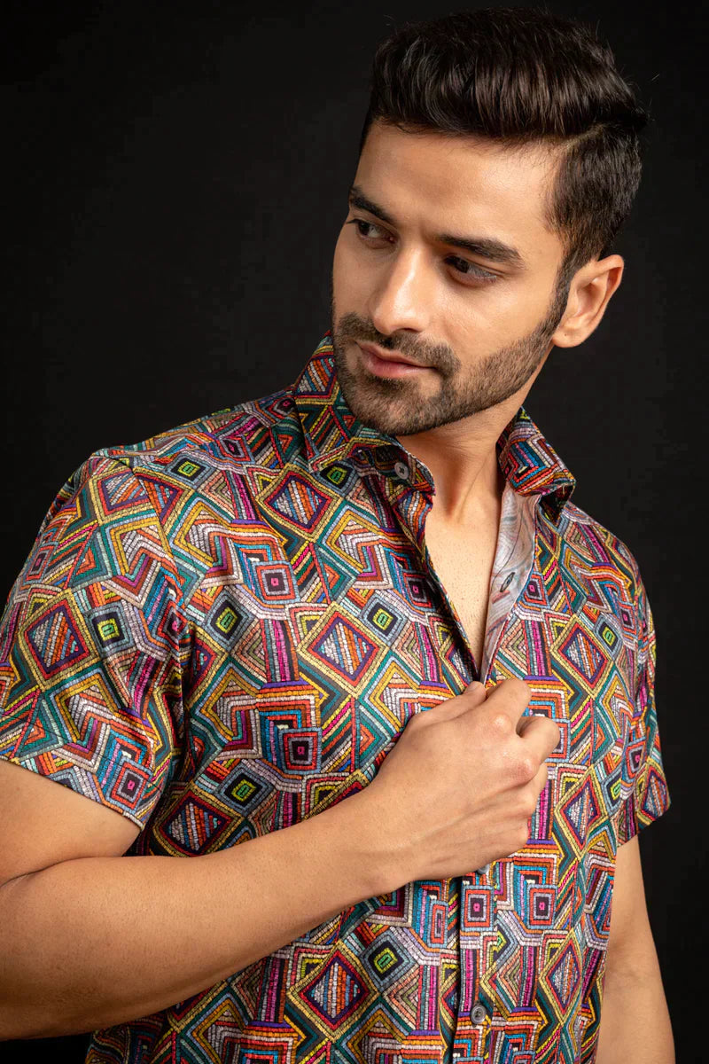 Blocks Multicolor Design Printed Cotton Shirt Half Sleeves Multicolor for Men