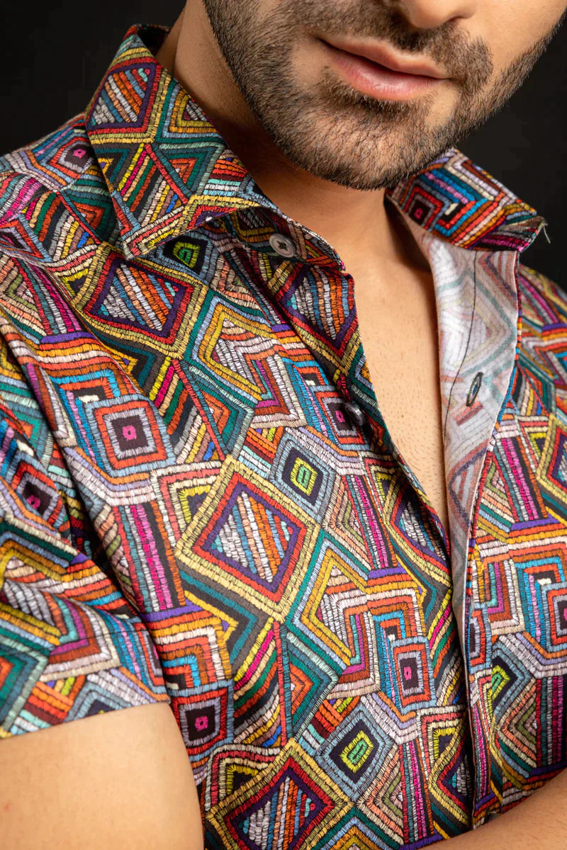 Blocks Multicolor Design Printed Cotton Shirt Half Sleeves Multicolor for Men