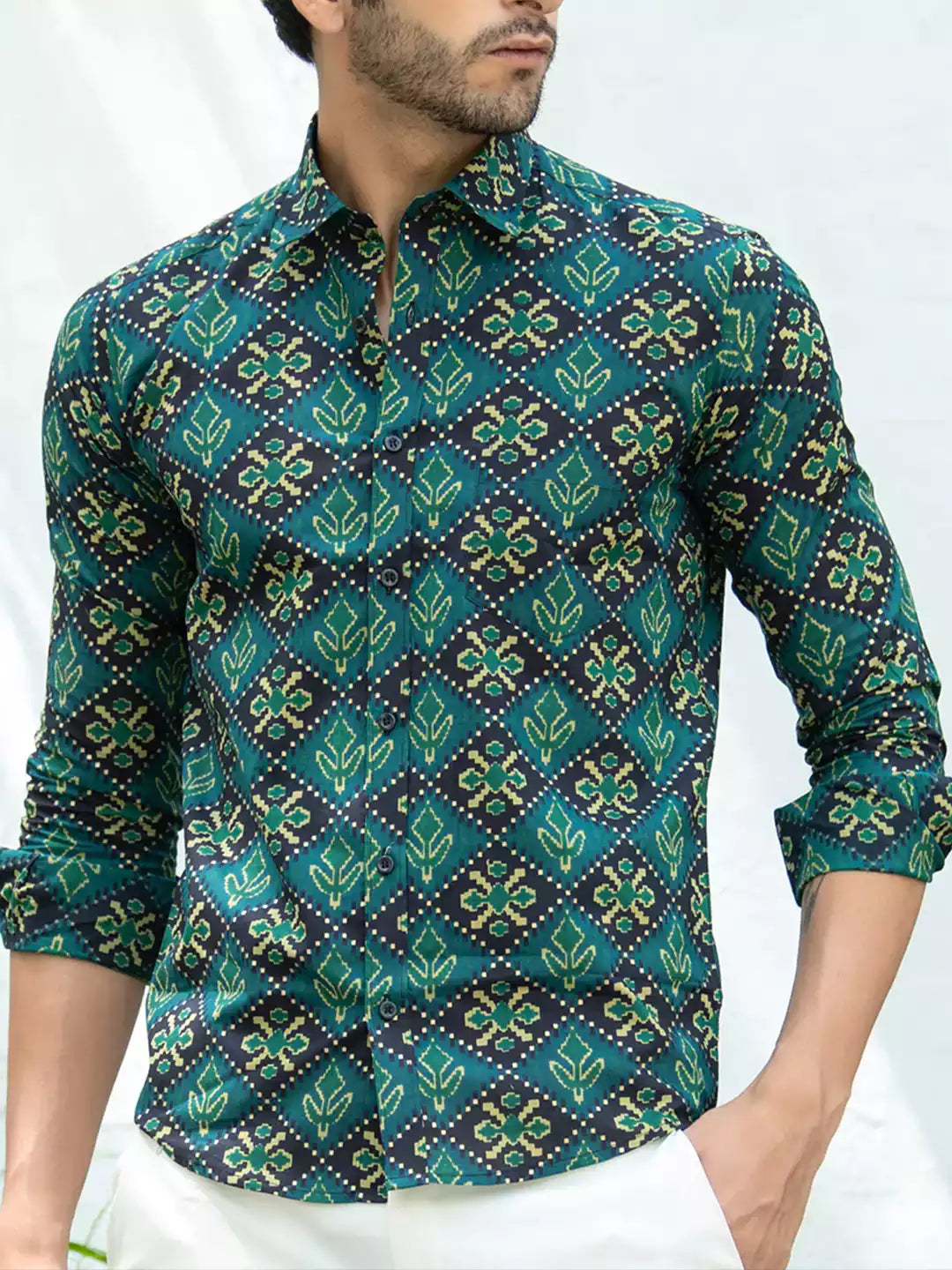Mandala Art Pattern printed Green Color Men's Cotton Casual Shirt Half Sleeve available on RoscoeShirts