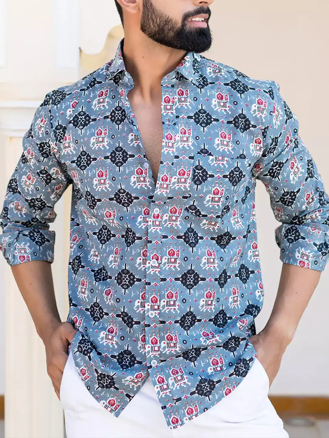Mandala Art Pattern printed Blue Color Men's Cotton Casual Shirt Half Sleeve available on RoscoeShirts