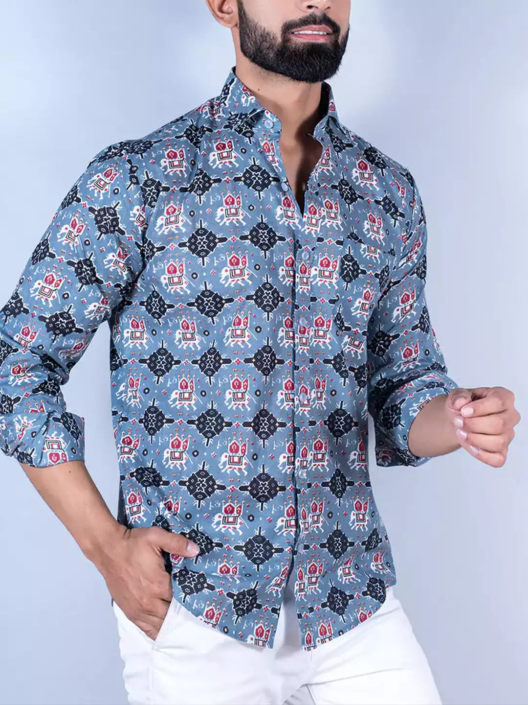 Mandala Art Pattern printed Blue Color Men's Cotton Casual Shirt Half Sleeve available on RoscoeShirts