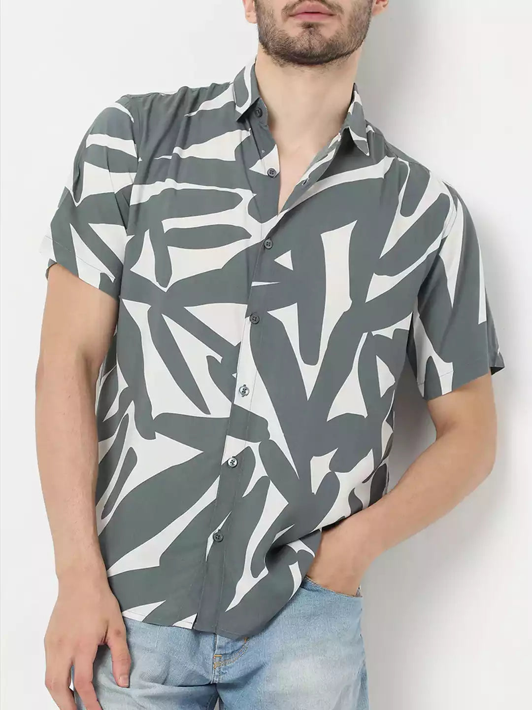 Abstract Pattern printed White and Grey Color Men's Cotton Casual Shirt Half Sleeve available on RoscoeShirts