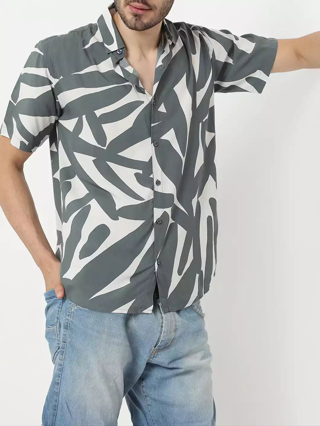Abstract Pattern printed White and Grey Color Men's Cotton Casual Shirt Half Sleeve available on RoscoeShirts