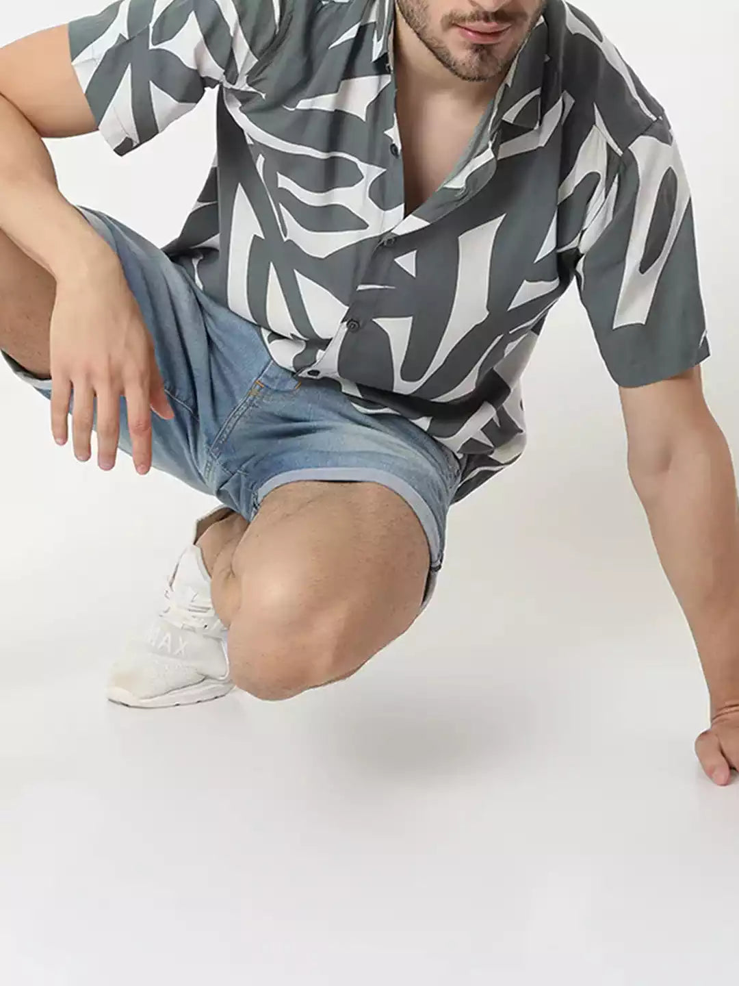 Abstract Pattern printed White and Grey Color Men's Cotton Casual Shirt Half Sleeve available on RoscoeShirts