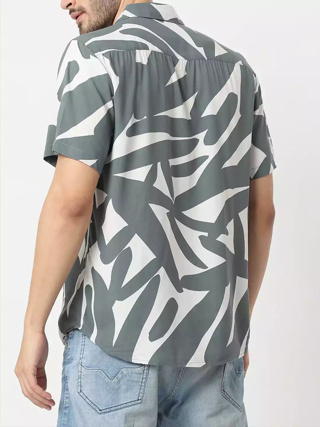 Abstract Pattern printed White and Grey Color Men's Cotton Casual Shirt Half Sleeve available on RoscoeShirts