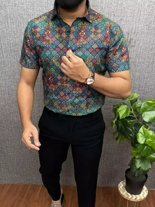 Party Wear Pattern MultiColor Men's Cotton printed Casual Shirt Half Sleeve available on RoscoeShirts
