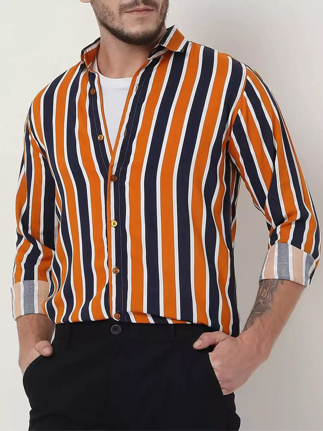 Lining Pattern Orange Color Men's printed Cotton Casual Shirt Half Sleeve available on RoscoeShirts