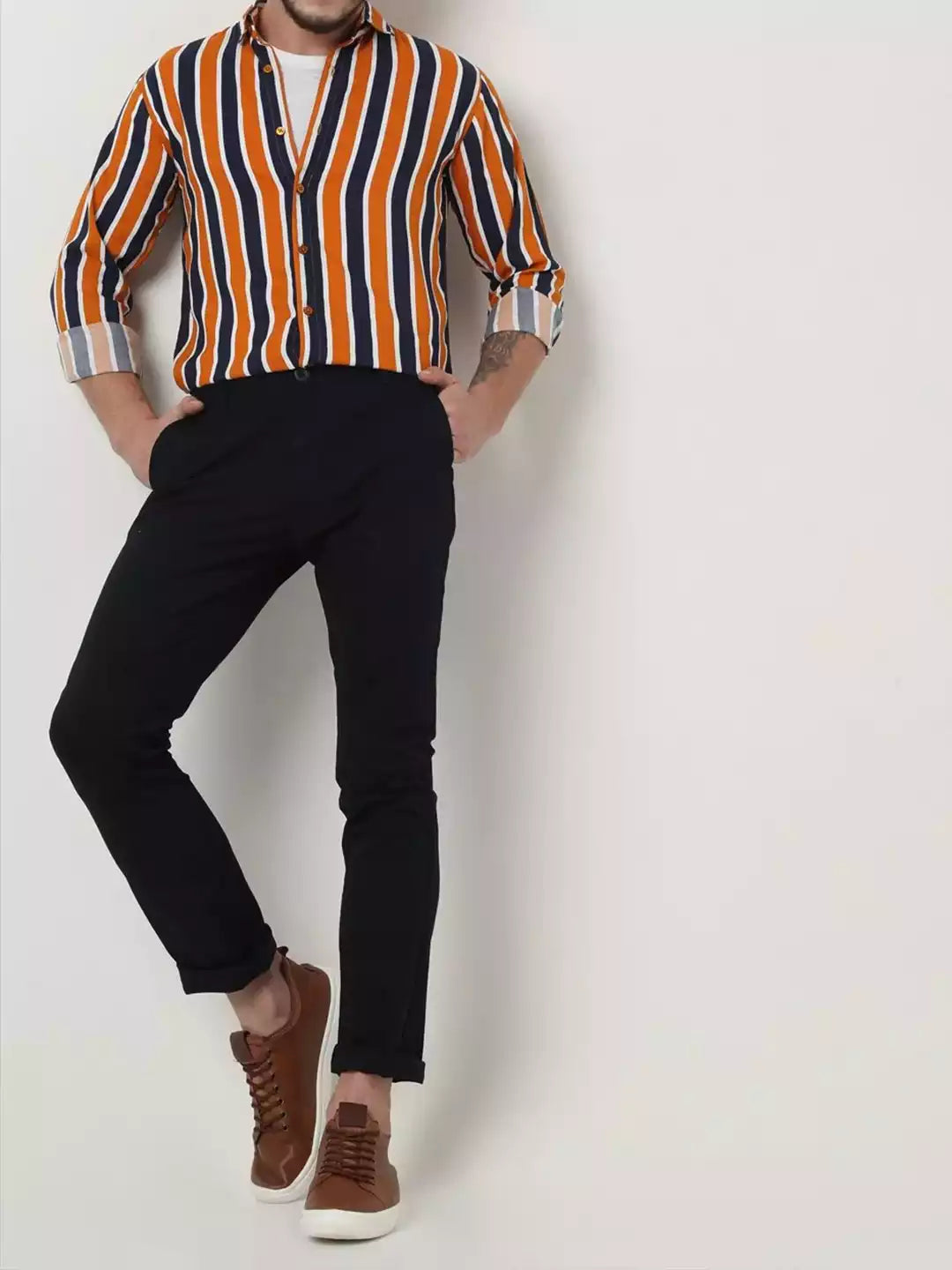 Lining Pattern Orange Color Men's printed Cotton Casual Shirt Half Sleeve available on RoscoeShirts
