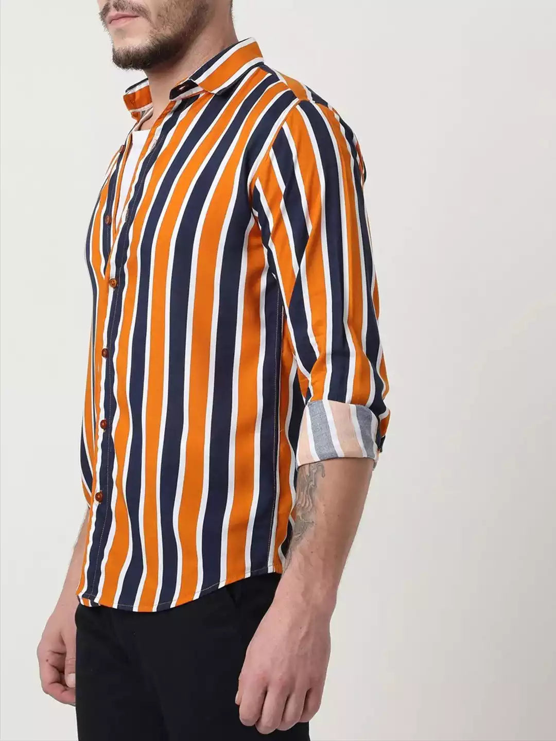 Lining Pattern Orange Color Men's printed Cotton Casual Shirt Half Sleeve available on RoscoeShirts